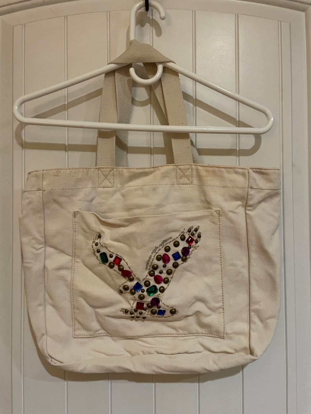 American Eagle canvas tote with beaded gems eagle on front no closure